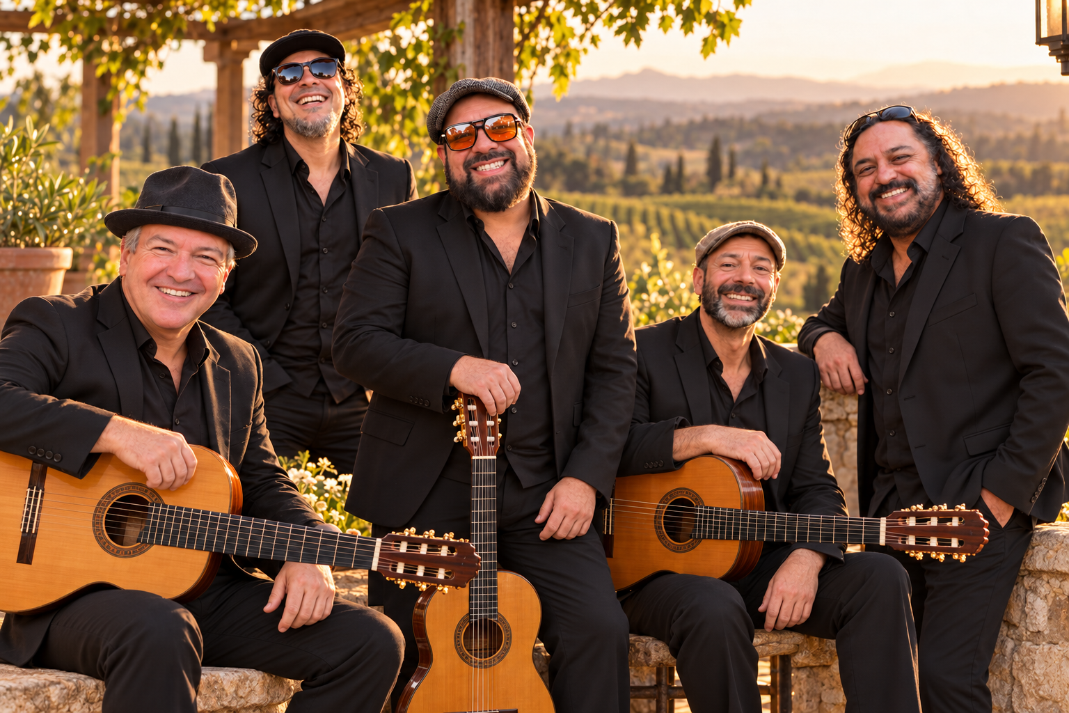AI-imagined publicity portrait of the five Tipsy Kings with guitars against a vineyard backdrop